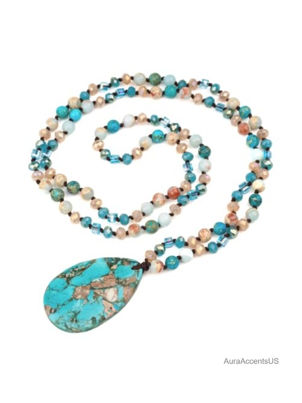 Natural Stone Beaded Pendant Necklace 31.5in Boho Handmade Heart Jasper